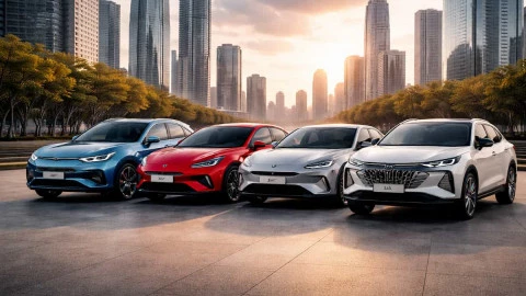 Marcas de coches chinos en España con varios modelos eléctricos y SUV modernos en entorno urbano.
