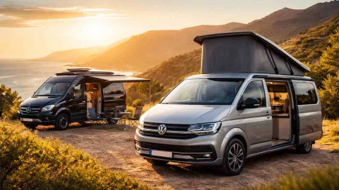 furgonetas camper modernas preparadas para viajar en un entorno natural al atardecer