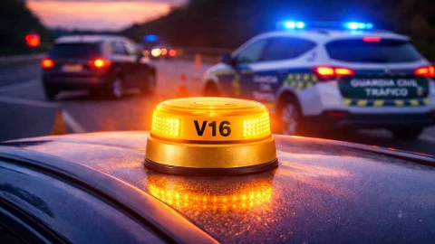Balizas V16 DGT conectadas colocadas en el techo de un vehículo con coche de la Guardia Civil de Tráfico desenfocado al fondo