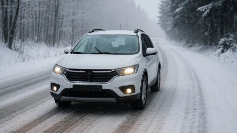 Coche conduciendo con nieve por una carretera de montaña, mostrando una conducción segura en condiciones invernales