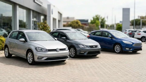 Tres coches compactos de segunda mano estacionados en un concesionario con iluminación natural