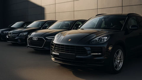 Fila de coches alemanes de lujo incluyendo Porsche, Audi, Mercedes-Benz y BMW estacionados frente a un edificio moderno