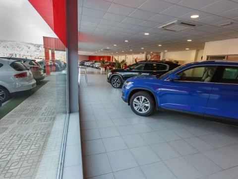 Entrada acristalada del concesionario Driveris Almería con vista a los coches.