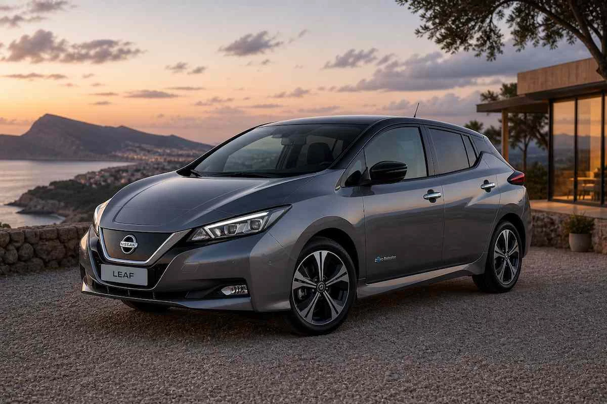 Nissan Leaf eléctrico gris coche fiable en entorno costero sostenible