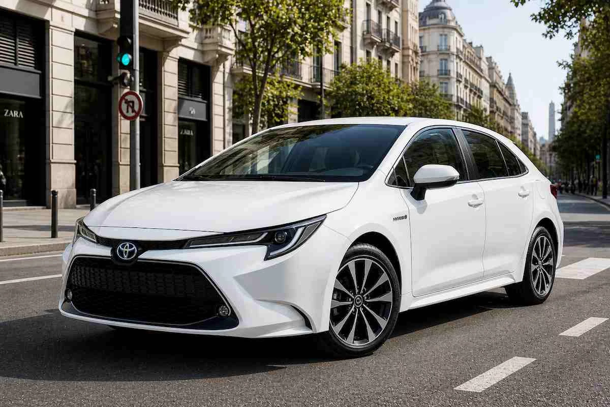 Toyota Corolla híbrido blanco coche fiable en ciudad conducción urbana eficiente