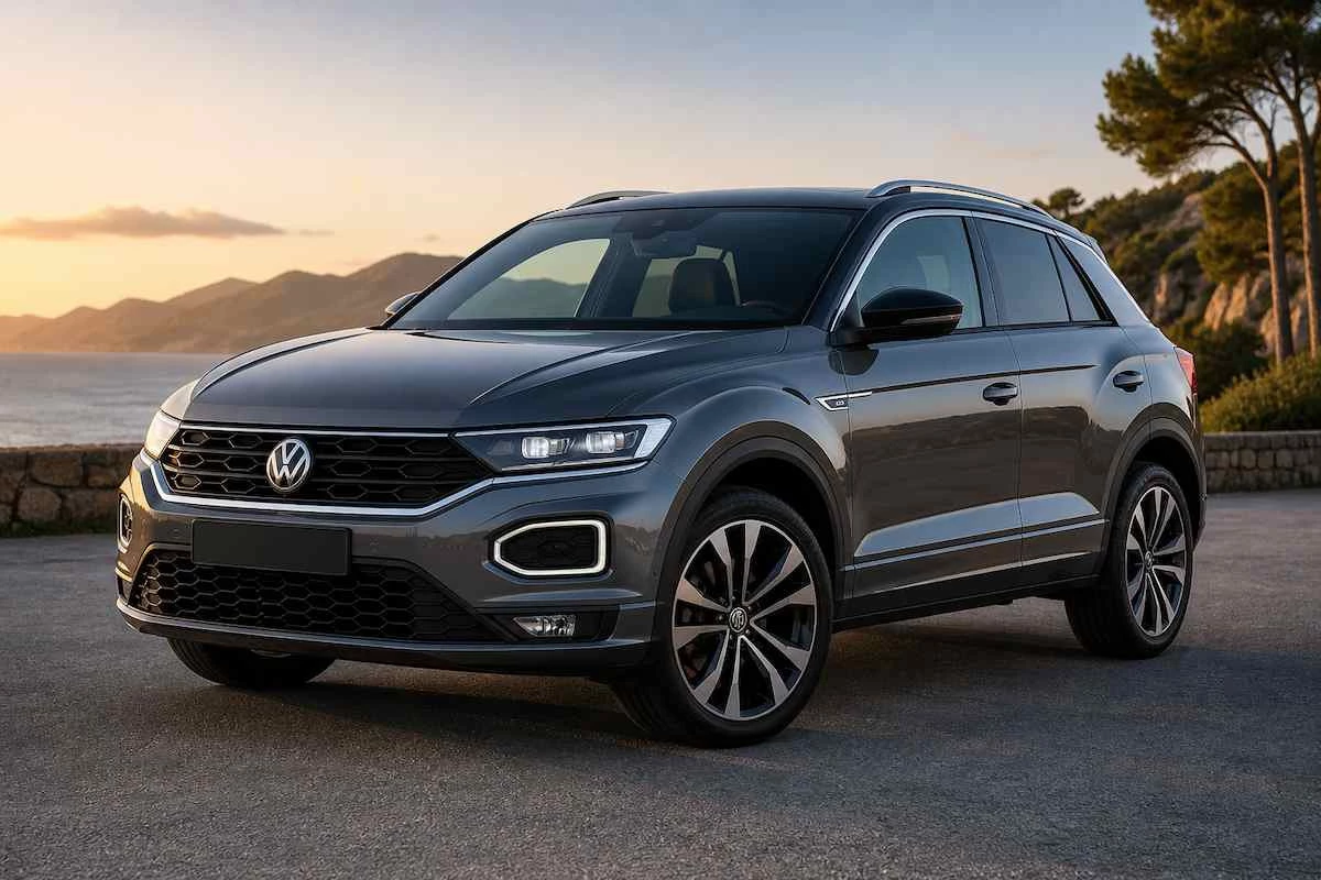 Volkswagen T-Roc diésel coche fiable SUV gris en carretera al atardecer