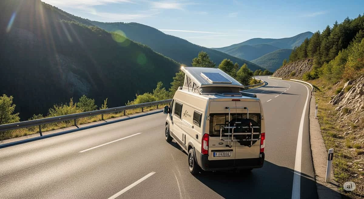 Furgoneta camper grande y alta, con un panel solar en el techo, circulando por una carretera de montaña sinuosa. La imagen transmite la sensación de un viaje largo y la autonomía del vehículo.