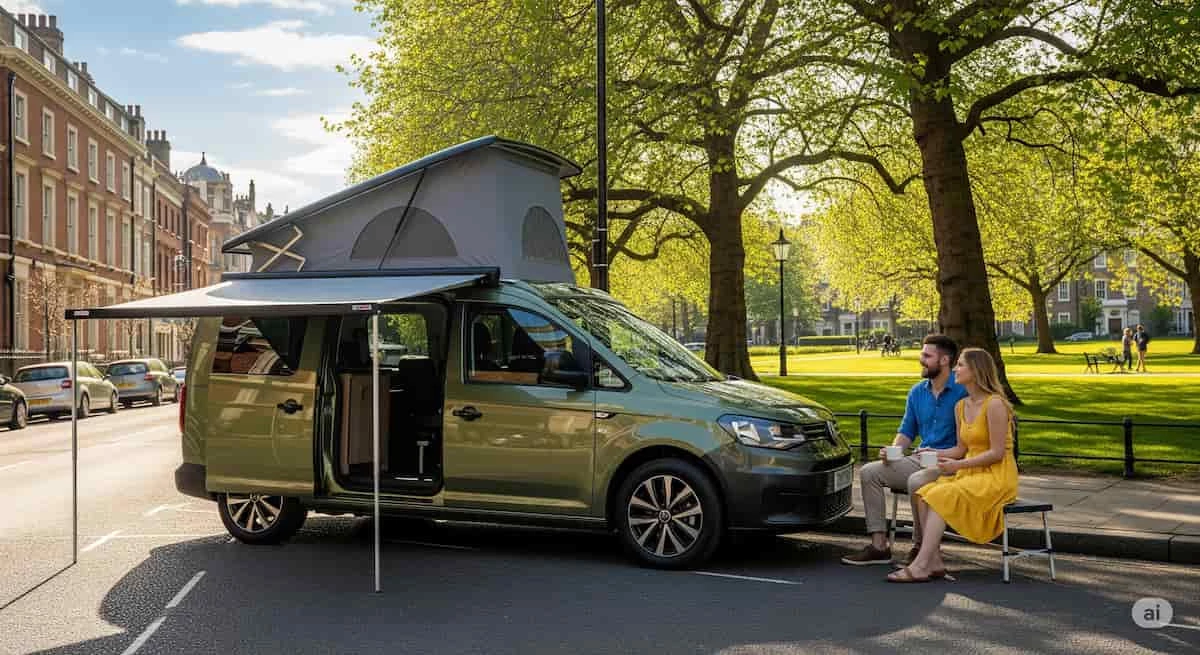 Furgoneta camper compacta aparcada en una calle de la ciudad junto a un parque, con el techo elevable desplegado. Una pareja joven disfruta de un café en el exterior, mostrando la versatilidad urbana del vehículo.