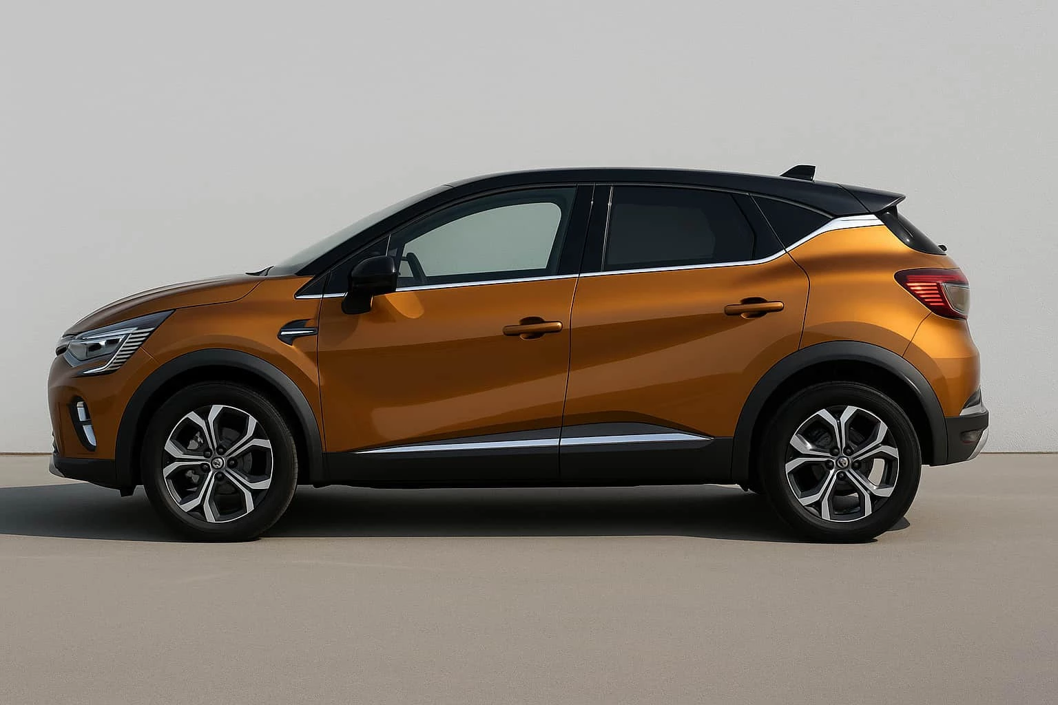 Vista lateral del Renault Captur 2025 en color naranja con fondo neutro
