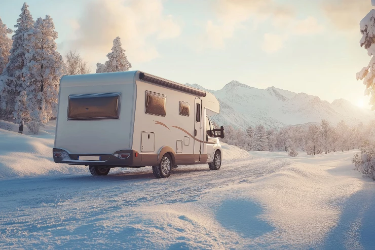 Caravana en paisaje invernal