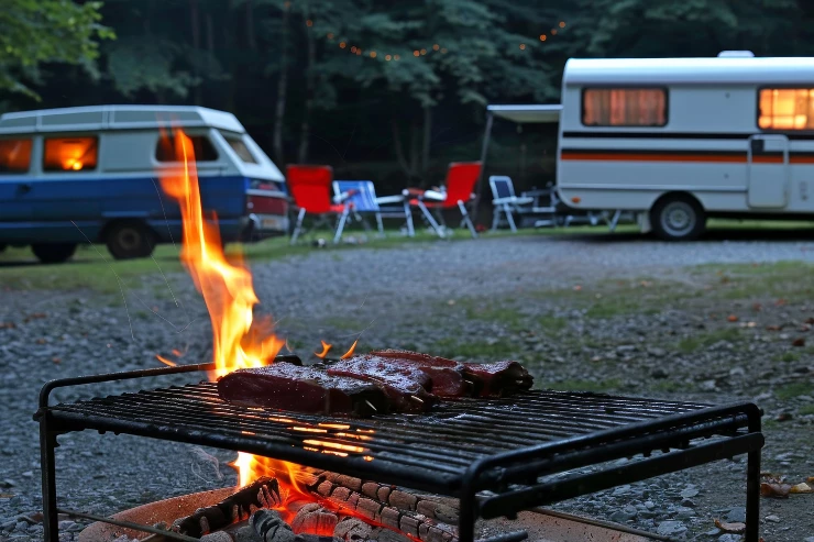 Barbacoa portatil junto a caravanas