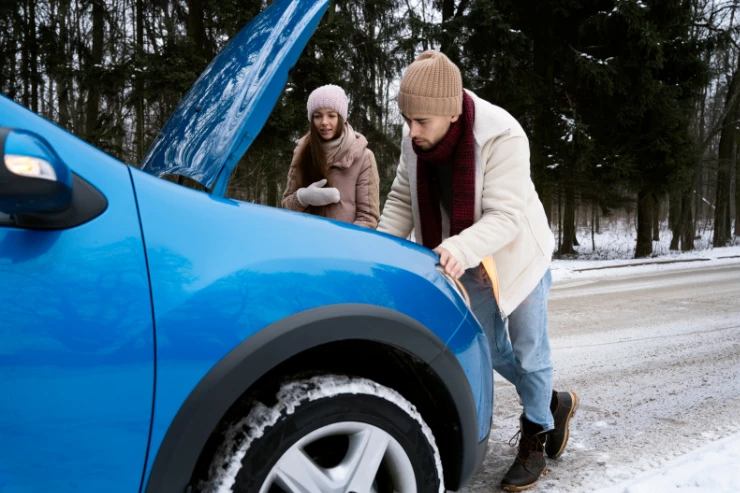 Pareja intentando arrancar el coche en una carretera nevada