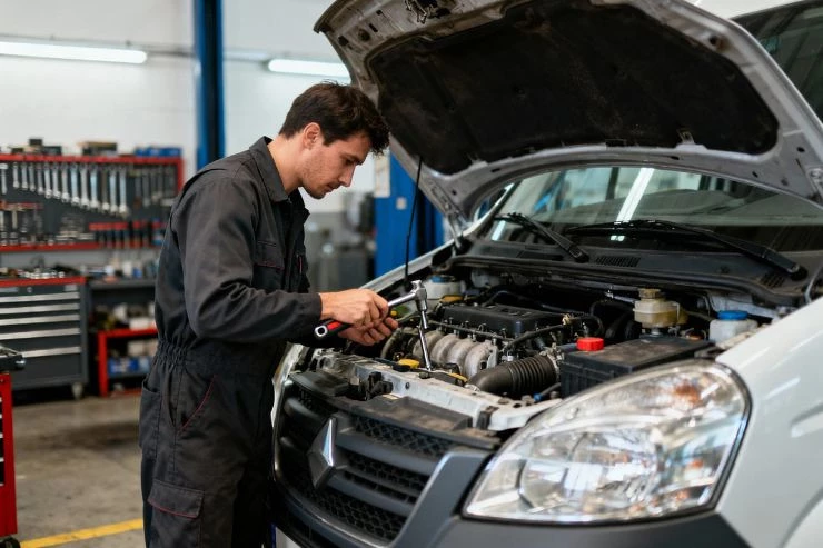 Furgoneta siendo revisada por un mecánico