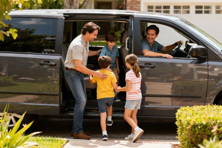 Familia feliz subiéndose a su monovolumen